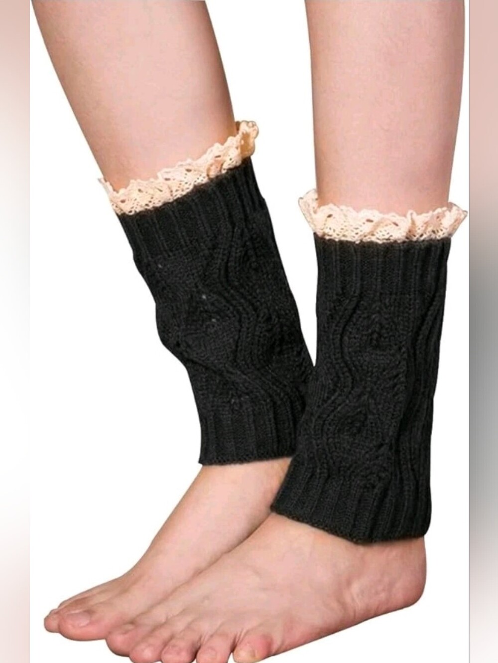 💢5 For$20 Black Knit Boot Socks Arm/Leg Warmers W/Cream Lace Trim Longer Sz OS - Picture 7 of 9
